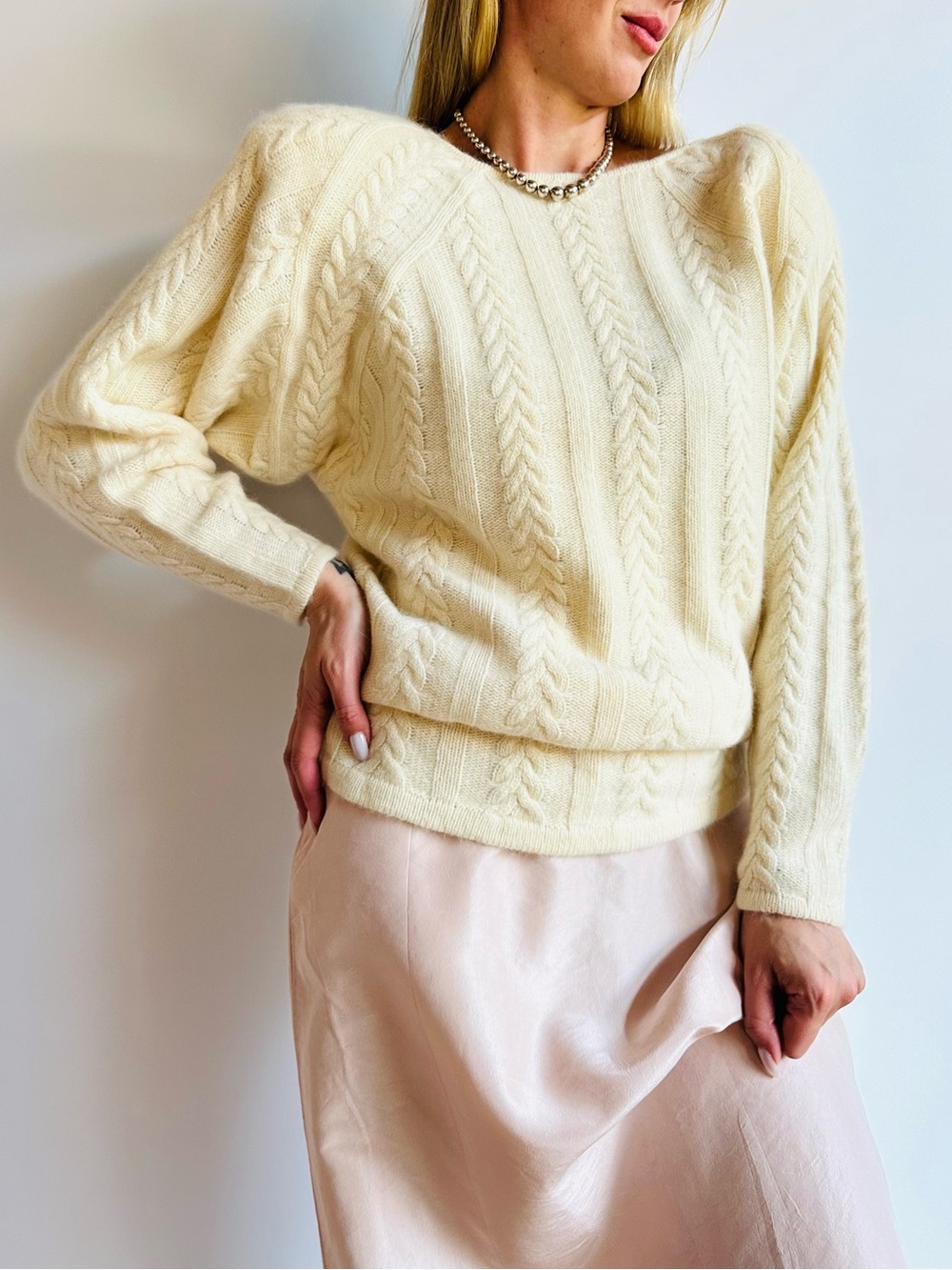Vintage SSG by Catharine Lover Angora Wool Cable Knit Padded Shoulders Sweater